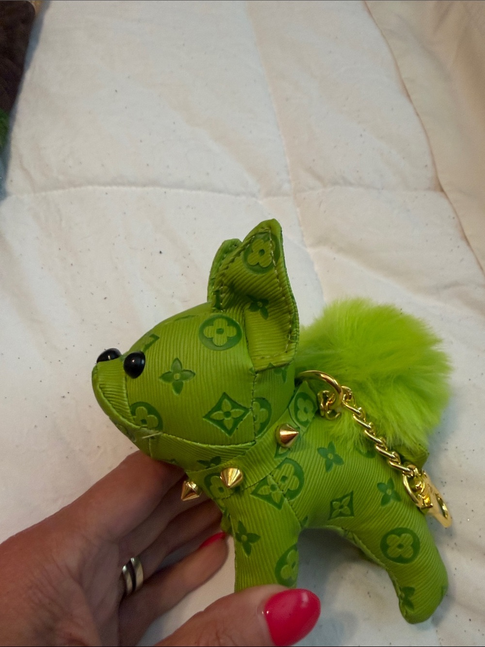 Green Designer  Frenchie Monogram Puppy Charm with Pom for purses or other